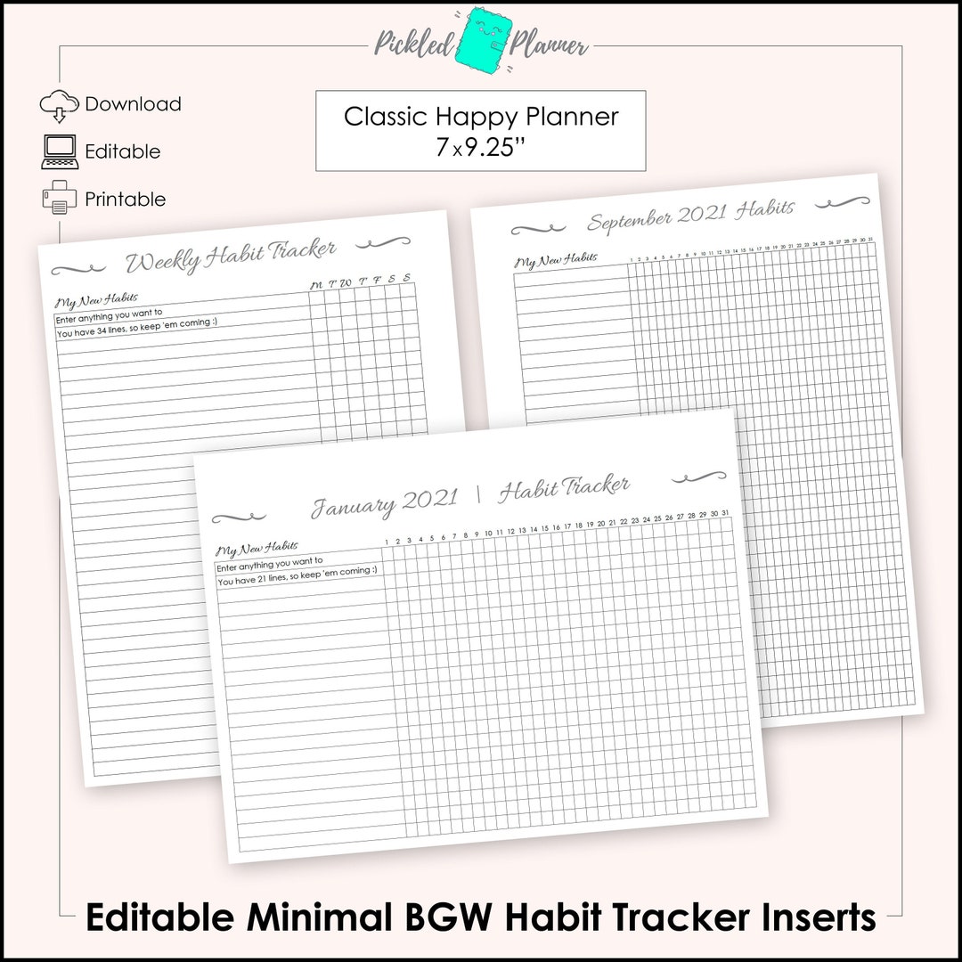 Editable Minimal, Fancy Black, Gray &amp; White Habit Tracker Printables ...