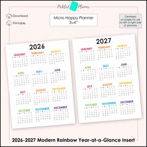 May include: A printable 2026-2027 year-at-a-glance insert for a Micro Happy Planner, 3x4 inches. The calendar features a modern rainbow design with each month in a different color. The text "Micro Happy Planner" is at the top.