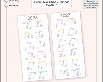 NEW! Centered Skinny Mini Modern Pastel Rainbow 2026-2027 Dated Year-at-a-Glance Month Planner Printable -2.643x7" Skinny Mini Happy Planner