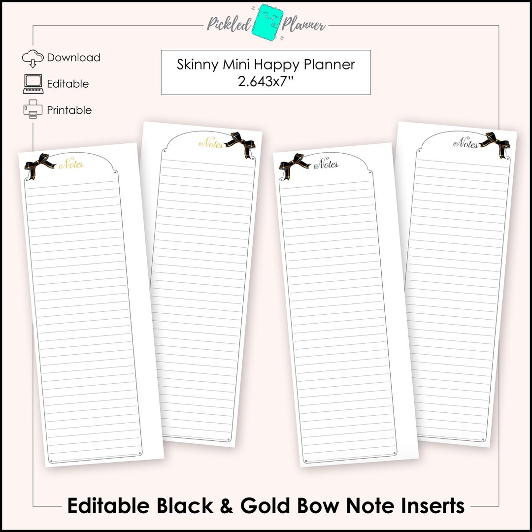 Timetable Bows Notes Editable Skinny Mini Black & Gold Bows Planner Notes - Etsy