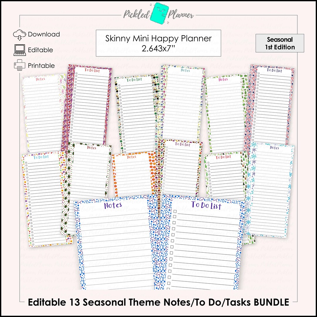 NEW! Skinny Mini Editable Notes/to Do Lists 13 Seasonal Themed (1st ...