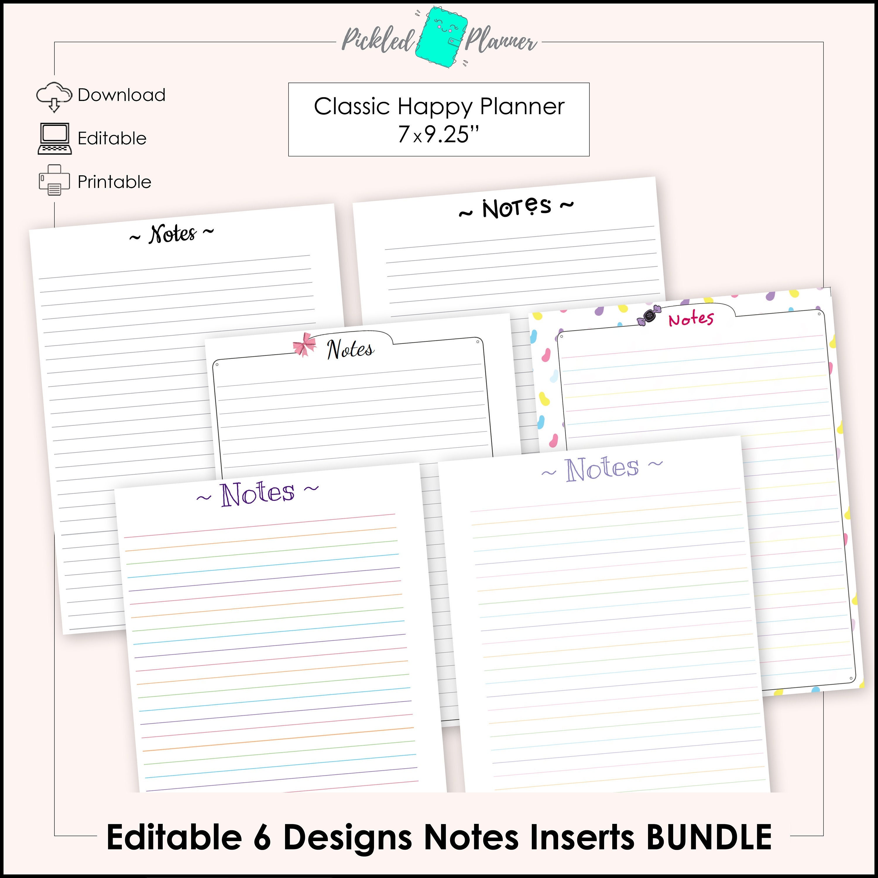 Editable Notes Printable in 6 Designs BUNDLE - 7x9.25