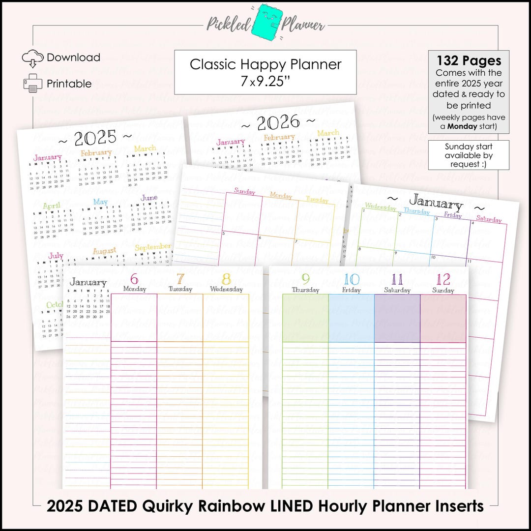 Fully Dated Jan-dec.2025 Quirky Rainbow Hourly LINED Vertical Weekly ...