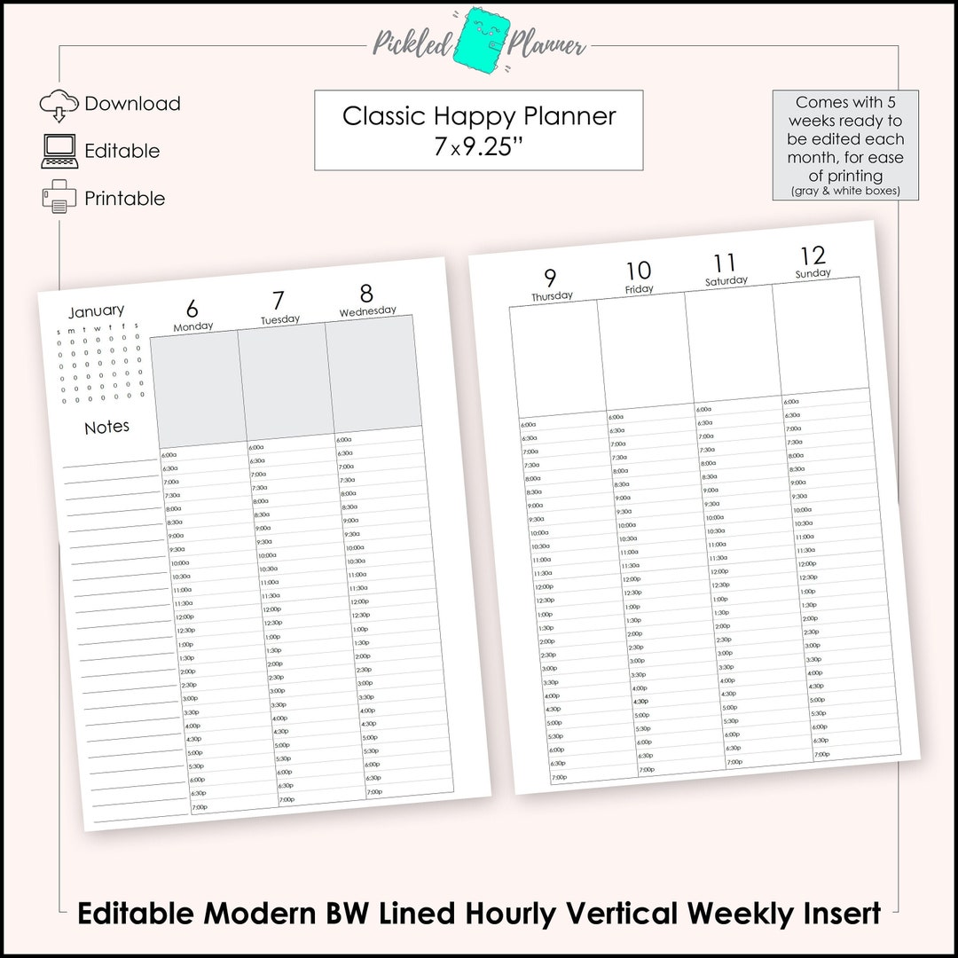 Editable Modern Black & White Hourly LINED Undated, Vertical Weekly ...