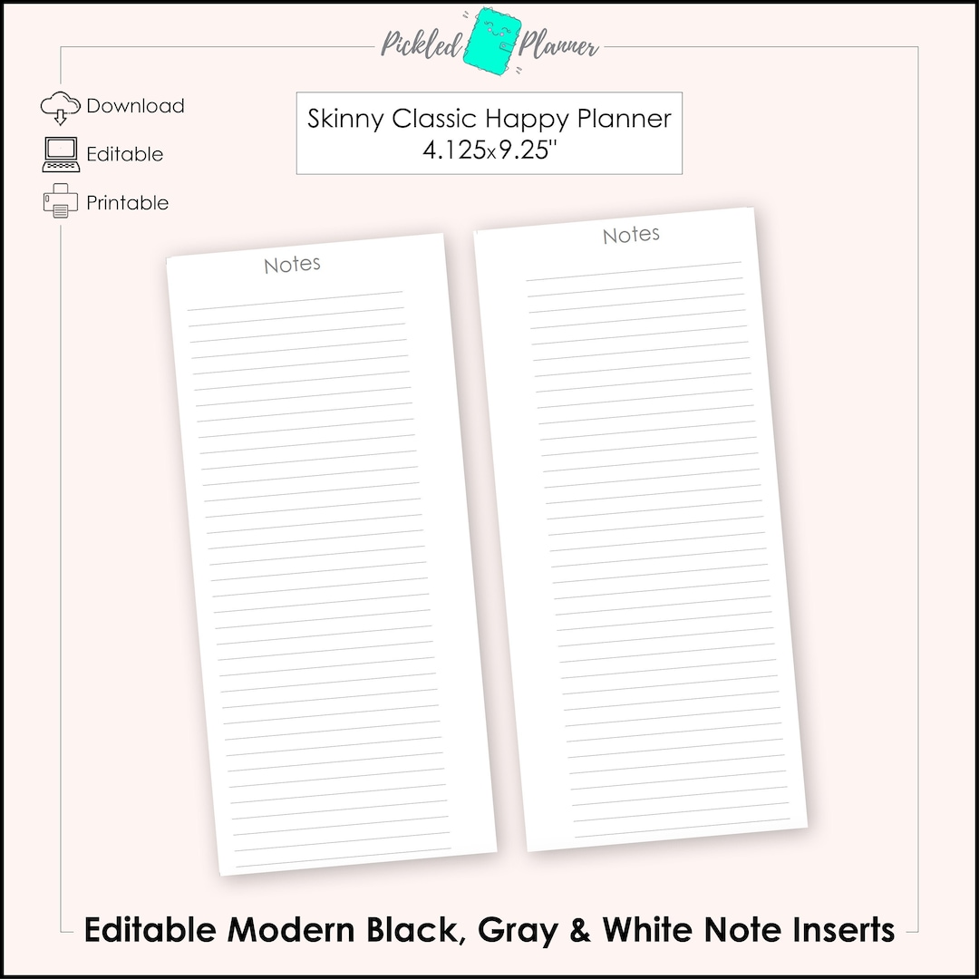 Editable Modern Black, Gray &amp; White Planner Notes Printables 4.125x9.25 ...