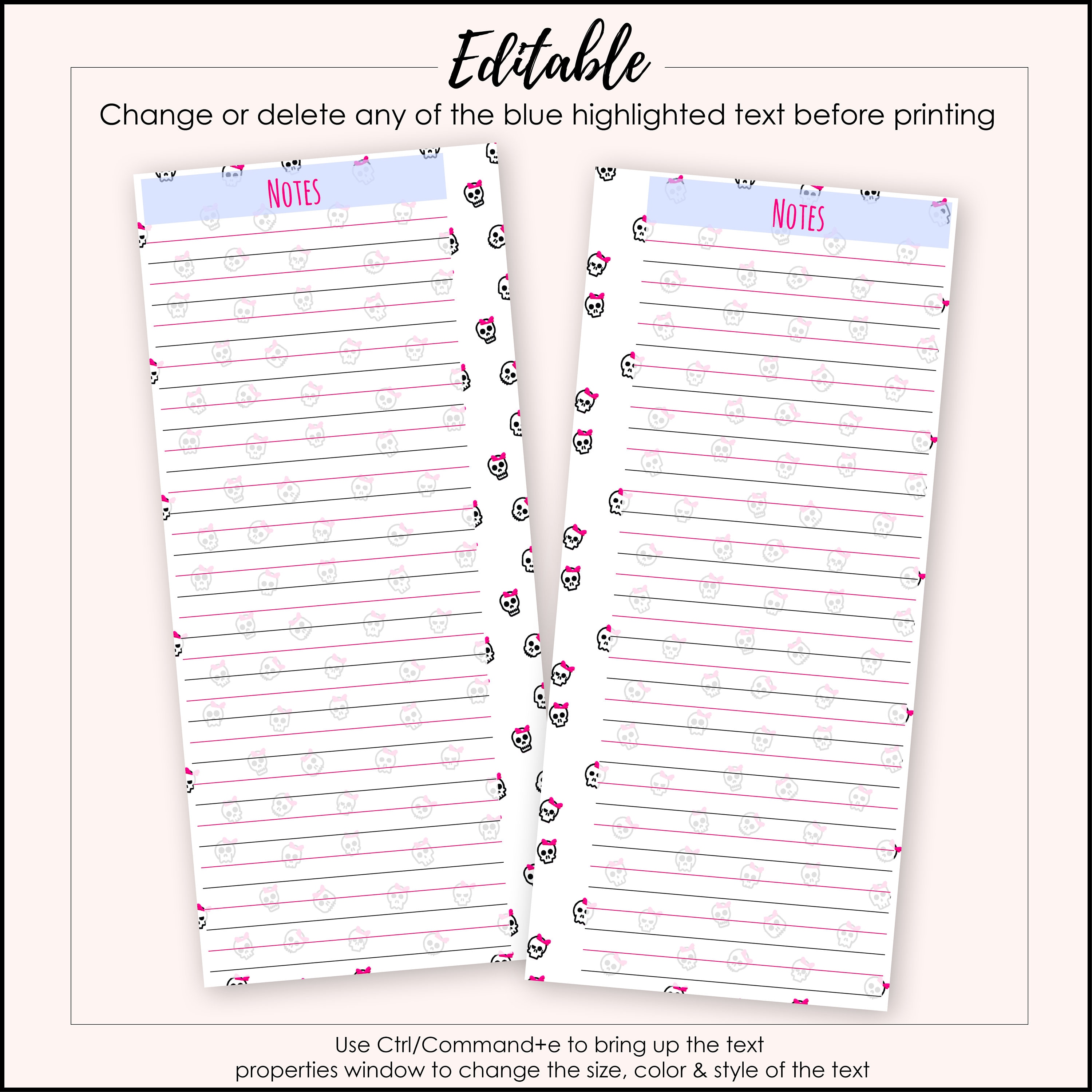 Timetable Bows Notes Editable Pink Bows & Skulls Planner Notes Printables - 4.125x9.25 ...