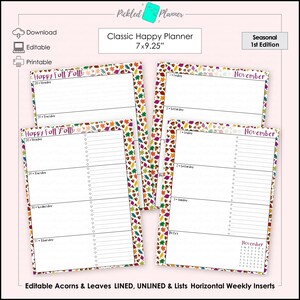 LIMITED TIME - Editable Fall Acorns & Leaves Undated, Horizontal Weekly Lined/Unlined/Lists Planner/Binder Printable - 7x9.25&quot; Classic HP