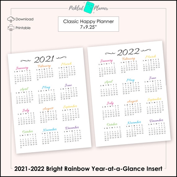 Classic Bright Rainbow 2021-2022 Dated Year-At-A-Glance Month | Etsy Canada