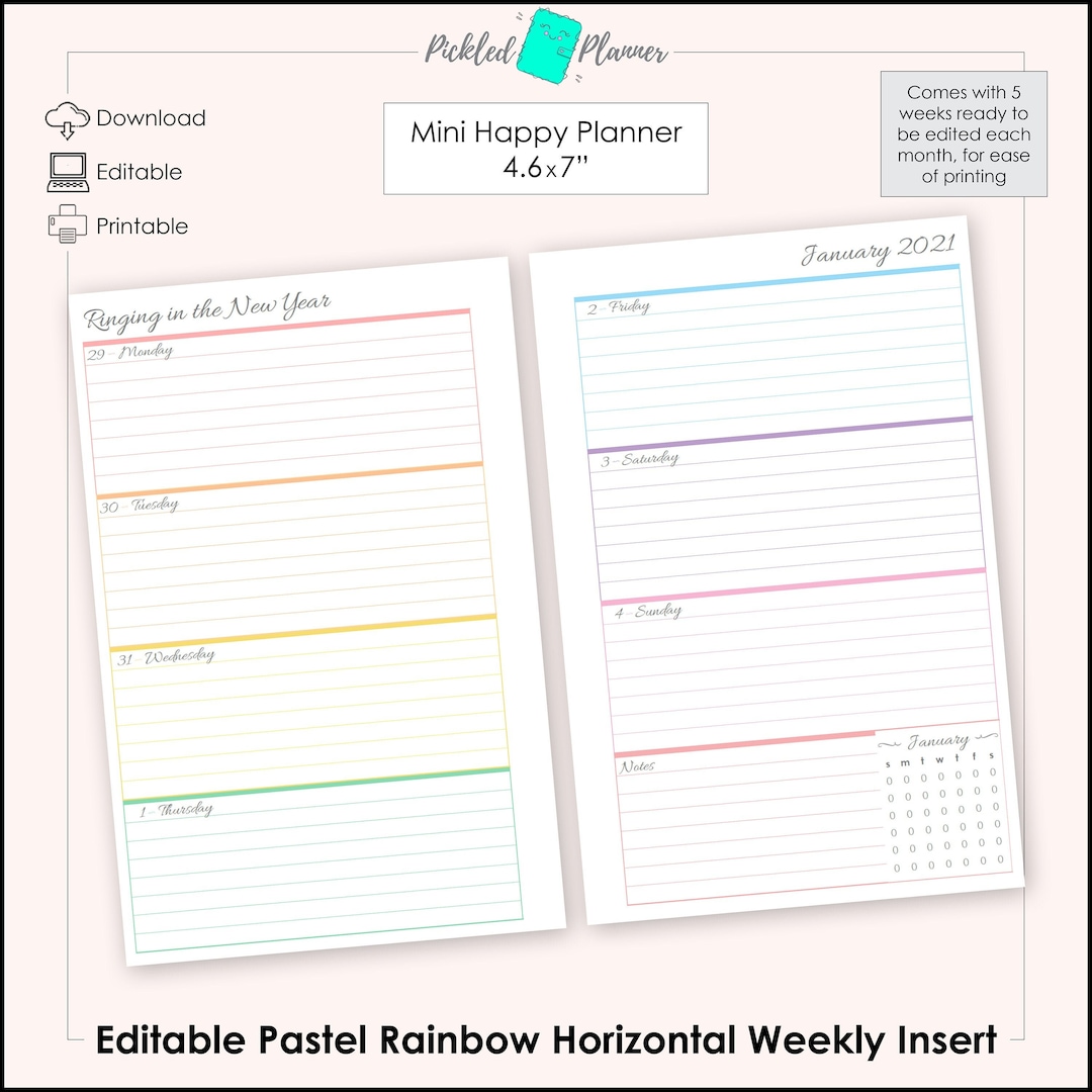 Mini Editable Pastel Rainbow Undated, Horizontal Weekly Planner ...