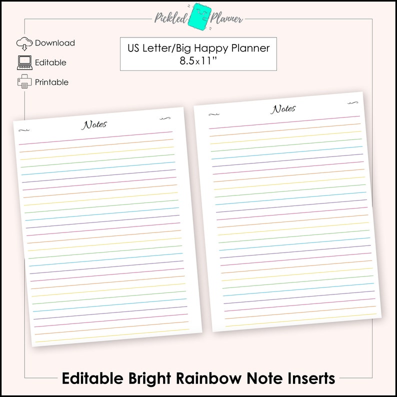 Editable Bright Rainbow Notes Planner/binder Printable - 8.5x11" US ...