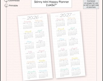 NEW! Centered Skinny Mini Pastel Rainbow 2026-2027 Dated Year-at-a-Glance Month Planner Printable - 2.643x7" Skinny Mini Happy Planner