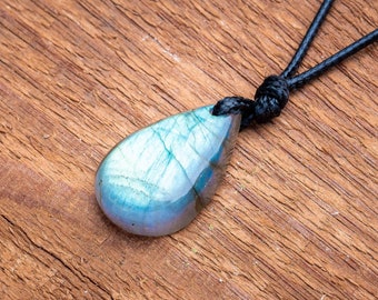 Blue labradorite teardrop crystal pendant - Handmade with adjustable wax cord - Simple jewelry gift for Christmas