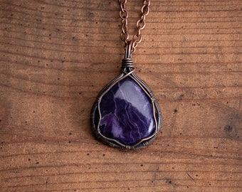 Minimal Charoite Copper Wire Wrapped Crystal Pendant - Handmade Christmas Gifts for her or him