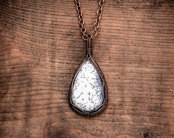 Dainty Dendritic Opal Wire wrapped pendant - Copper Pendant Necklace  - Gifts for wife or Gifts for him