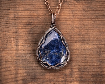 Blue Sodalite Necklace Pendant - Throat chakra Crystal Stone Pendant Necklace for her - Wire wrapped pendant jewelry for her