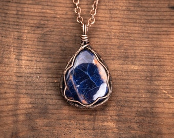 Sodalite Copper Wire Wrapped Pendant - Gypsy Jewelry Gifts For Girlfriend - Handmade Unique Gifts For Her or For Him