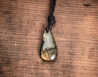 Yellow Labradorite Pendant Crystal Necklace - Wax CottonAdjustable Pendant - Gifts for Him or Gift for her