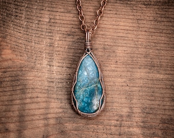 Wire Wrapped Jewelry - Blue Apaite Crystal Necklace Pendant, Boho style Jewelry for her