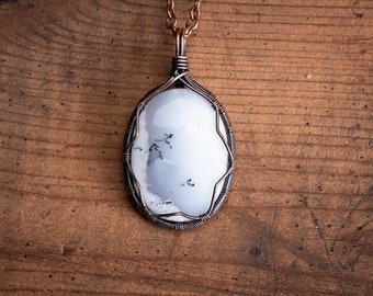 Dainty Dendritic Opal Copper Pendant Necklace - Wire wrapped pendant - Gifts for wife or Gifts for him