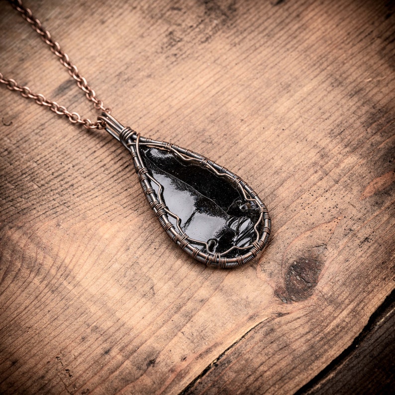 Black Obsidian Crystal Pendant Fantasy Necklace Gift For Her Bohemian Jewelry Wire Wrapped Pendant Gifts for her Gifts for him image 2
