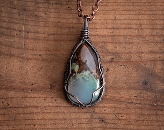 Copper Chrysoprase Crystal Stone Necklace Pendant - Wire Wrapped Chrysoprase Jewelry - Gifts for her - Gifts for him