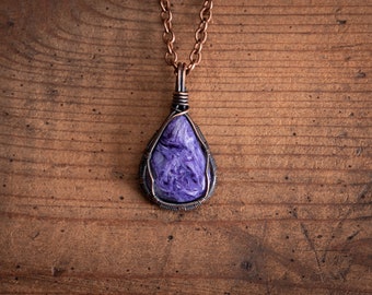 Minimal Charoite Copper Wire Wrapped Crystal Pendant - Handmade Christmas Gifts for her or him