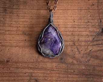Rustic Copper Charoite Crystal Pendant - Purple Gemstone Necklace Pendant For her - Wire Wrapped Jewelry - Gifts for her - Gifts for him