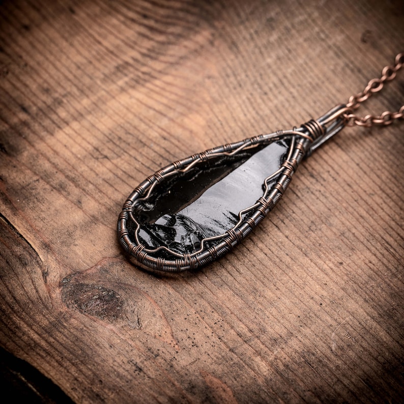 Black Obsidian Crystal Pendant Fantasy Necklace Gift For Her Bohemian Jewelry Wire Wrapped Pendant Gifts for her Gifts for him image 5