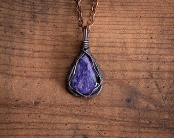 Charoite Pendant Wire Wrap Necklace For Her - Charoite Crystal Necklace For Women - Copper Gemstone Jewelry Gifts For Her