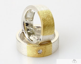 Wedding rings "Brushed" silver & gold 585 750, silver rings gold inlay, two-tone wedding rings with stone, silver rings, rings with engraving