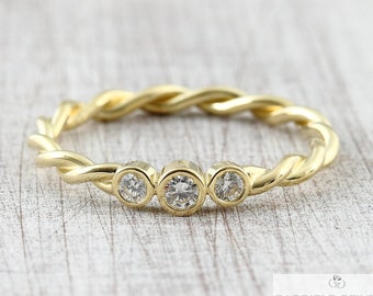 Cord ring 2.4 mm 585 750 gold with diamonds, gold braided ring, braided ring