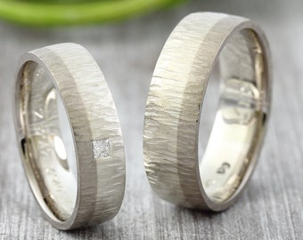 Wedding rings "BiColor Hammered Brilliant" sterling silver-grey gold, wedding rings bicolor silver, hammered rings diamond