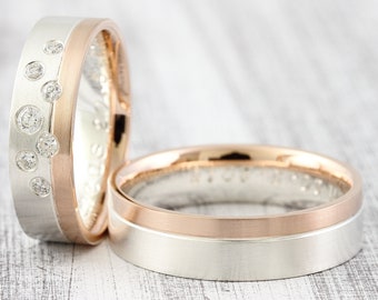 Wedding rings BiColor "Stellato brilliant" sterling silver & red gold, wedding rings with diamond, bicolor rings gold