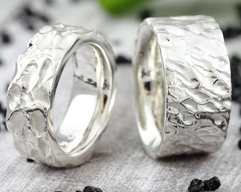 Wedding rings "Flamed" silver, wedding rings flamed 925 sterling silver, partner rings for men with structure, structure ring, friendship ring