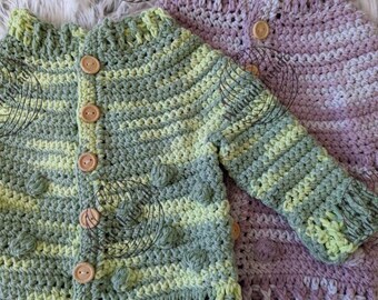 Crochet Baby Cardigan (12-16 months, 2T), Bobble Texture, Knit Baby Sweater, Purple or Green, Baby Sweater, Toddler Sweater