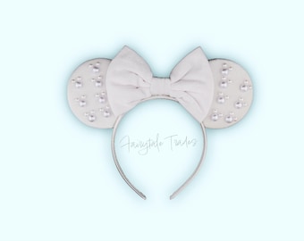 Orejas de Mickey con perla blanca • Diadema minimalista con orejas de Minnie de Disney • Orejas de perla de Mickey blancas de terciopelo • Orejas de parque de luna de miel para bodas de novias de Disney