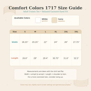 Op de afbeelding: Een maattabel voor Comfort Colors 1717 unisex T-shirts voor volwassenen. De tabel toont de afmetingen voor de maten S tot en met 3XL, inclusief breedte en lengte in inches. Beschikbare kleuren zijn wit en ivoor. De tabel bevat ook informatie over het meten van het shirt.