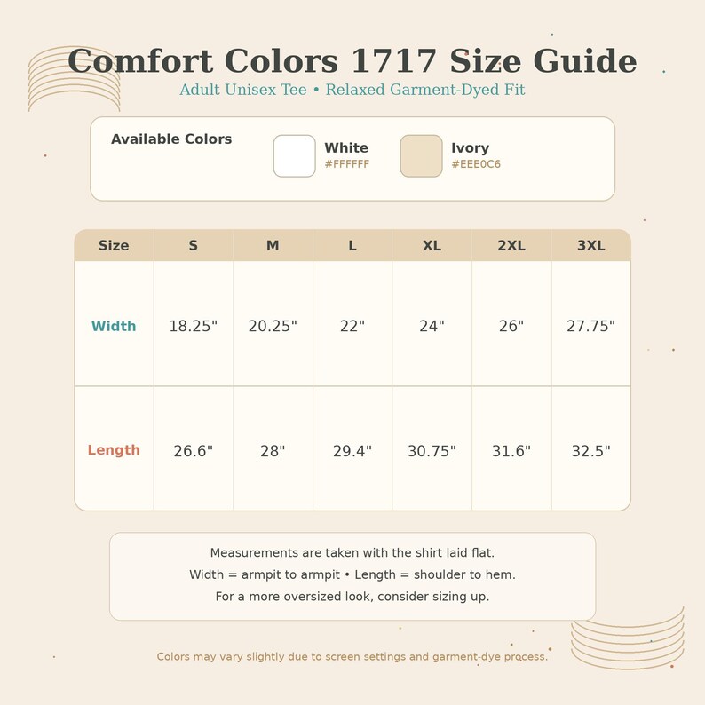 Op de afbeelding: Een maattabel voor Comfort Colors 1717 unisex T-shirts voor volwassenen. De tabel toont de afmetingen voor de maten S tot en met 3XL, inclusief breedte en lengte in inches. Beschikbare kleuren zijn wit en ivoor. De tabel bevat ook informatie over het meten van het shirt.