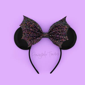 Orejas de Mickey góticas, orejas de ratón con pinchos y lazo de murciélago, orejas de Halloween, orejas de Minnie de piel sintética, diadema gótica con orejas de Mickey con purpurina y lazo de murciélago negro