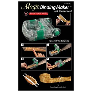 May include: A clear and green Magic Binding Maker with Binding Spool. The image shows the tool and instructions for use, including how to make sharp crease binding. The text on the image says "No-Iron E-Z Fold Binding" and "For 2 1/4" Wide Fabric."