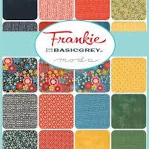 May include: A fabric charm pack featuring a collection of twenty square swatches with diverse patterns and colors including red, yellow, blue, green, and black. The central label displays the text Frankie, BASICGREY, and moda in a white oval.