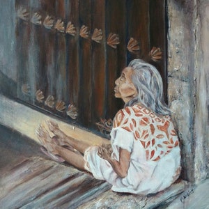 May include: An oil painting depicts an elderly person with gray hair, wearing a white dress with a red and orange patterned design. The person is seated, looking towards a window with decorative elements. The artwork has a warm, muted color palette.
