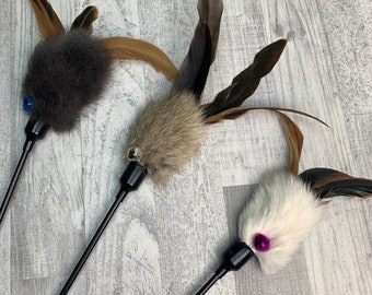 Cat toy pack | 3 rabbit fur & feathers teasers | Rabbit skin cat toys | Rabbit fur cat toy | Interactive cat toy | Feather cat toy |