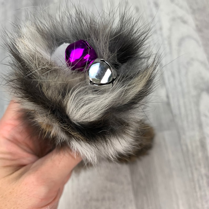 May include: A fluffy gray and white tail with a purple and silver bell attached.