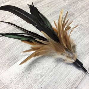 May include: A black and brown feather cat toy with a black plastic handle. The toy has long, flowing feathers in shades of brown, black, and green.