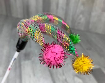 Cat toy | Jester with bells cat teaser toy | Bell cat toy | Cat teaser, Pink gold and green cat toy | Handmade cat teaser | Pom cat toy