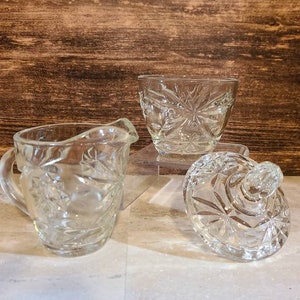 Vintage Anchor Hocking PRESCUT Clear Covered Sugar & Creamer - Sold as a set