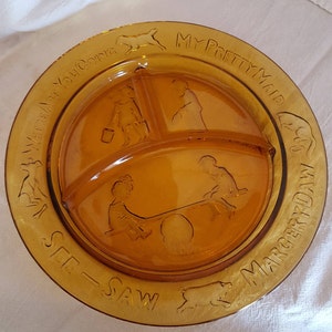 Vintage Amber NURSERY RHYME Children&#39;s Divided Glass Plate by Tiara Exclusives