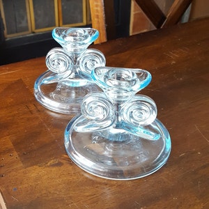 Post-1929 Fostoria AZURE BLUE SCROLL #2395 Single Light Candlesticks - Sold as a Pair