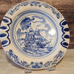 Vintage Delfts Hand-Painted Stoneware Ashtray with Morgan Whaleship motif